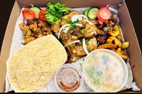 Braisé quarters legs,3 chicken kebabs, seasoned and all grilled to perfection served with complementary fried plantain and your choice of French fries or Attieke. fried rice is an extra charge.