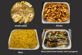 3 big grilled pompano fish with mixed fresh veggies and 1 side order (Attieke, french fries or Rice} along with pepper sauce.